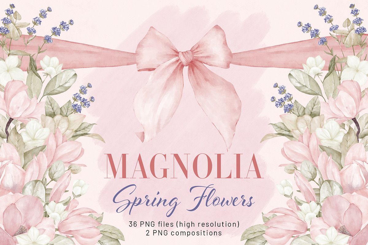 Magnolia Spring Flowers Ribbon Bow, a Decorative Illustration by PawGraphic (Photo 1 of 11)