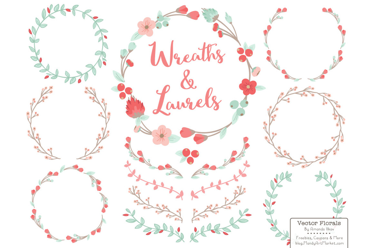Mint & Coral Vector Flower Wreaths, an Illustration by Amanda Ilkov (Photo 1 of 3)