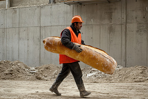 Worker hauls giant bagel proudly, a Photo by Pavel_design