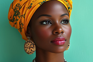 A portrait of a african woman with a vibrant yellow headwrap adorned with flora, a Person Photo by Textures & Backgrounds