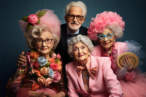 Elderly group in vibrant attire with floral decorations on dark background., a Person Photo by ImageMir