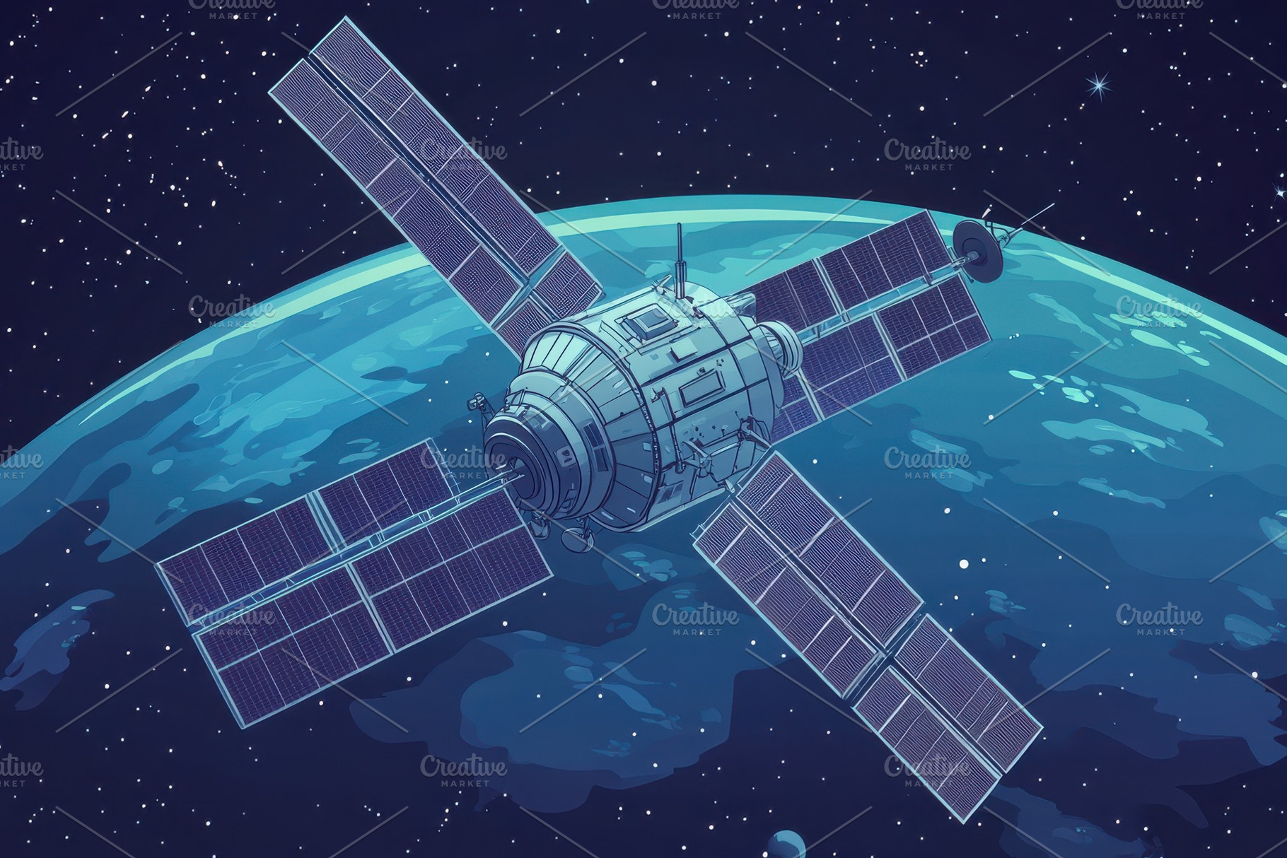 Satellite orbiting Earth, with solar, a Background Photo by Pixeness