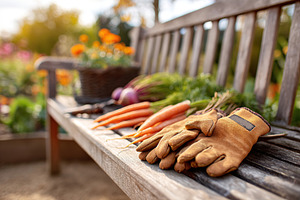 Gardening gloves and freshly harvested carrots on a wooden bench in a colorful, a Food & Drink Photo by AlyaAnd