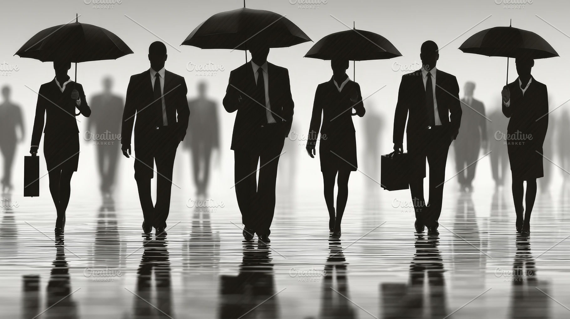 Business professionals walking with umbrellas in a reflective environment, a Photo by AS photostudio