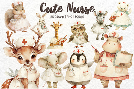 Cute Nurse Animal Watercolor Clipart