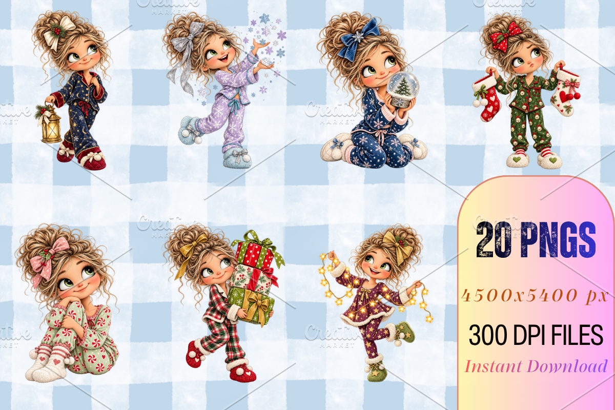 Christmas Pajama Girl Clipart Bundle, a Person Illustration by Ink Gallery (Photo 4 of 13)