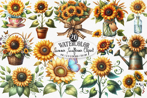 Watercolor Summer Sunflower Clipart, an Illustration by Designking