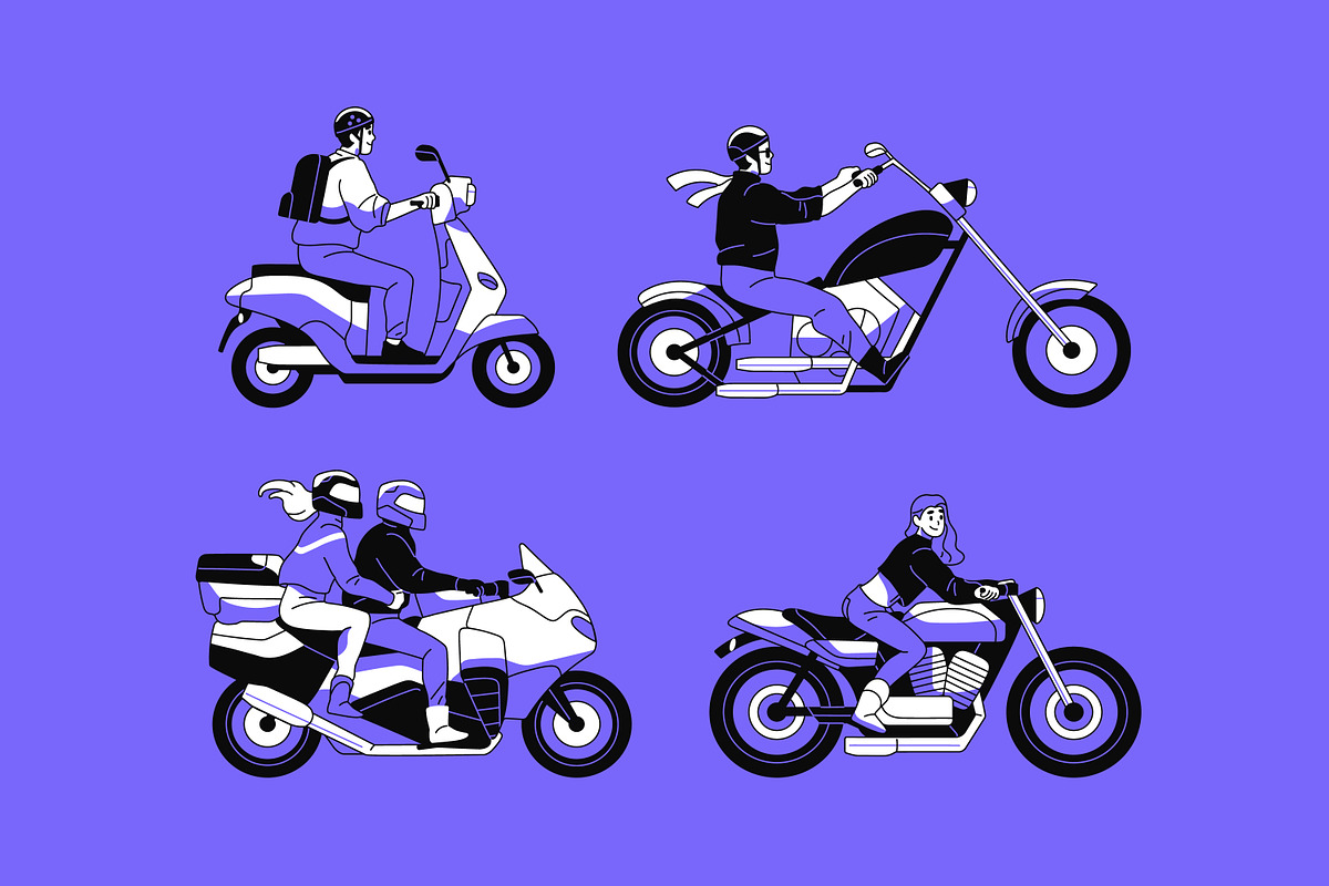 Bikers on motorcycles set, pattern, a Transportation Illustration by PaperTrident (Photo 2 of 8)