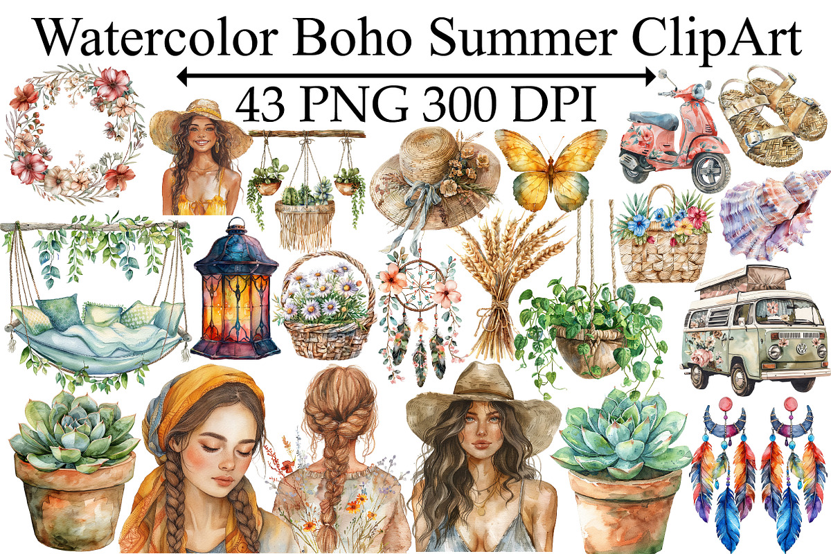 Watercolor Boho Summer ClipArt, an Illustration by Design Market (Photo 1 of 9)