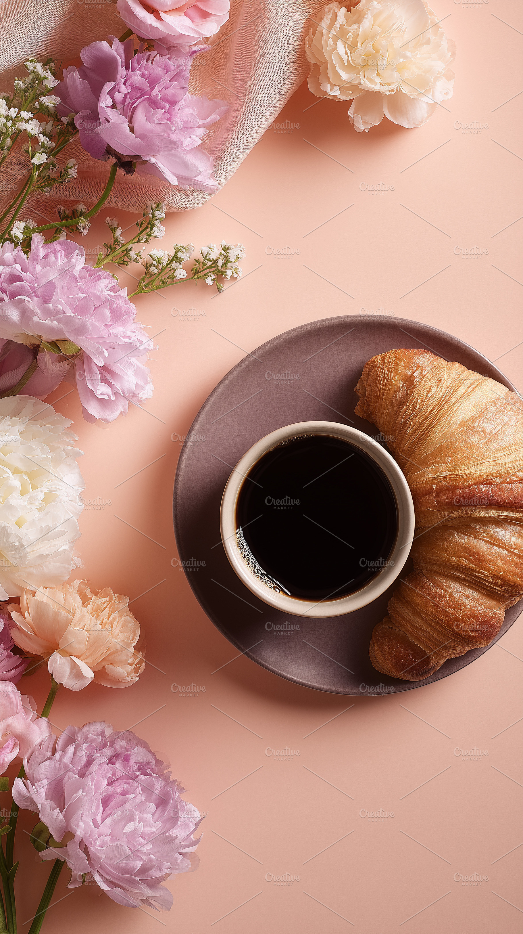 Cup of black coffee and croissant on, a Food & Drink Photo by MistyDay
