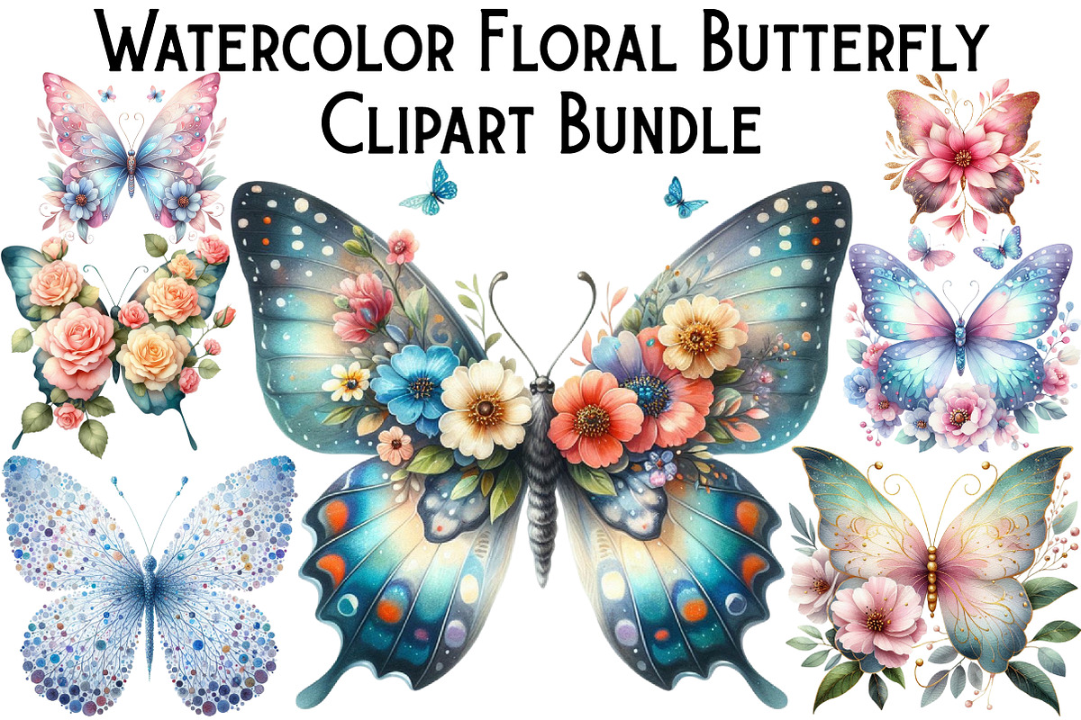 Watercolor Floral Butterfly Clipart, an Illustration by Pixels.Craft (Photo 1 of 6)