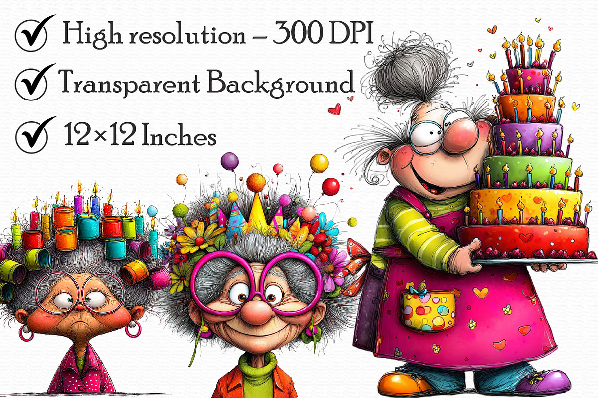 Quirky Birthday old woman clipart, an Illustration by Libby Wishes (Photo 2 of 7)