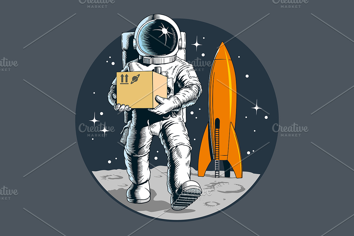 Delivery service, astronaut with box, a Technology Illustration by Ledokolua