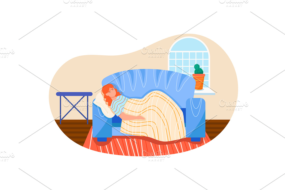 Young woman sleep on sofa at home, a Person Illustration by vectorpointstudio