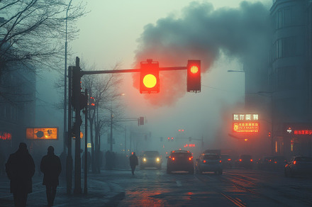 Foggy urban street with traffic ligh, a Photo by Tanuart