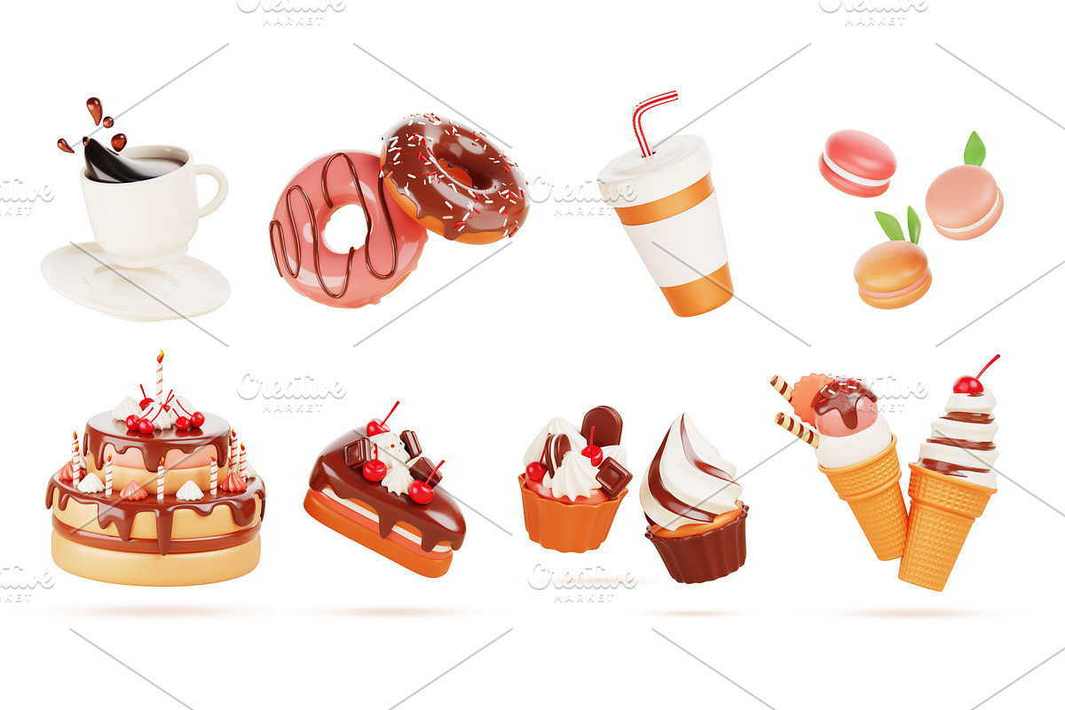 3d dessert icons, chocolate cake, a Food & Drink 3D Model by Marozhkastudio