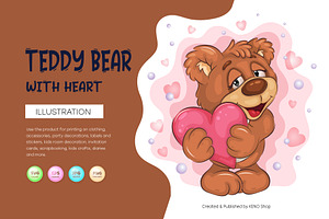 Cute Teddy Bear with Heart. T-Shirt., an Animal Illustration by KENO Mascots