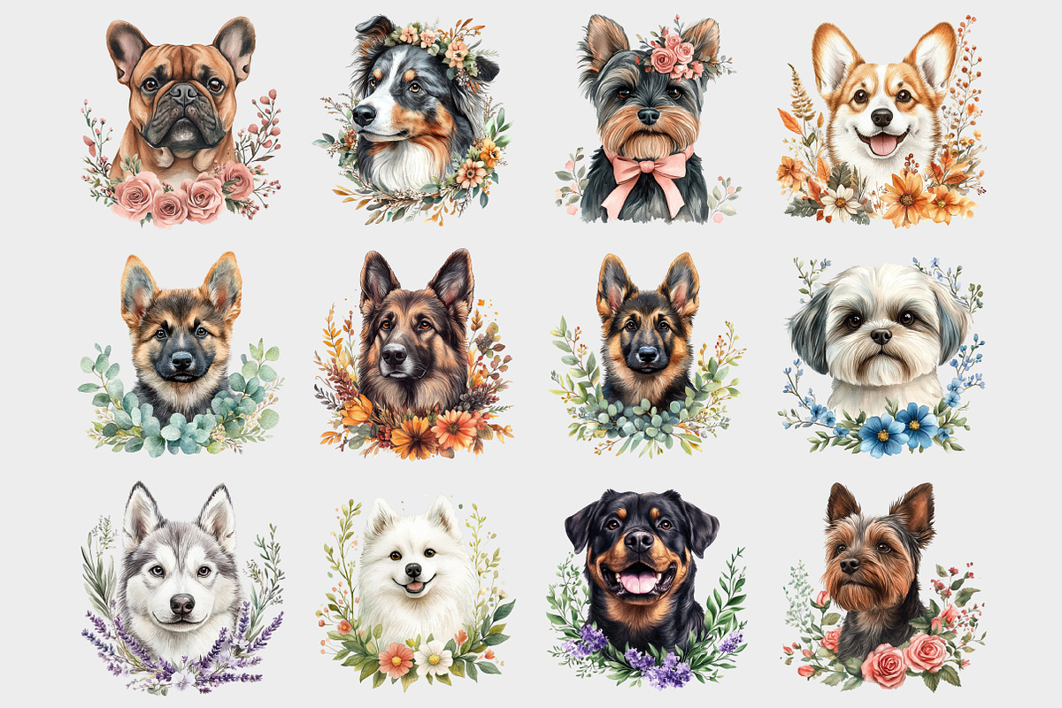 Watercolor Floral Dog Clipart, a Seasonal Illustration by Design Market (Photo 3 of 5)