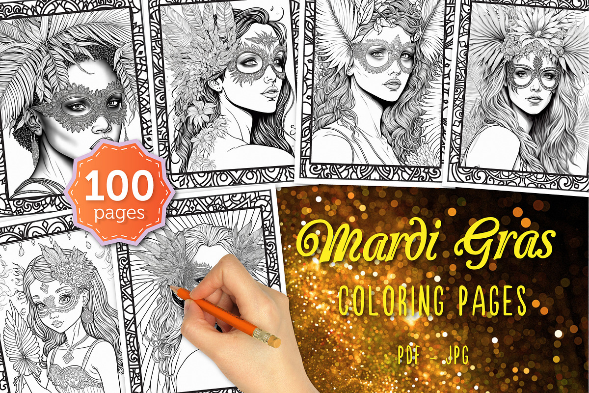 100 Mardi Gras Coloring Pages, a Person Illustration by Blue Digital Studio