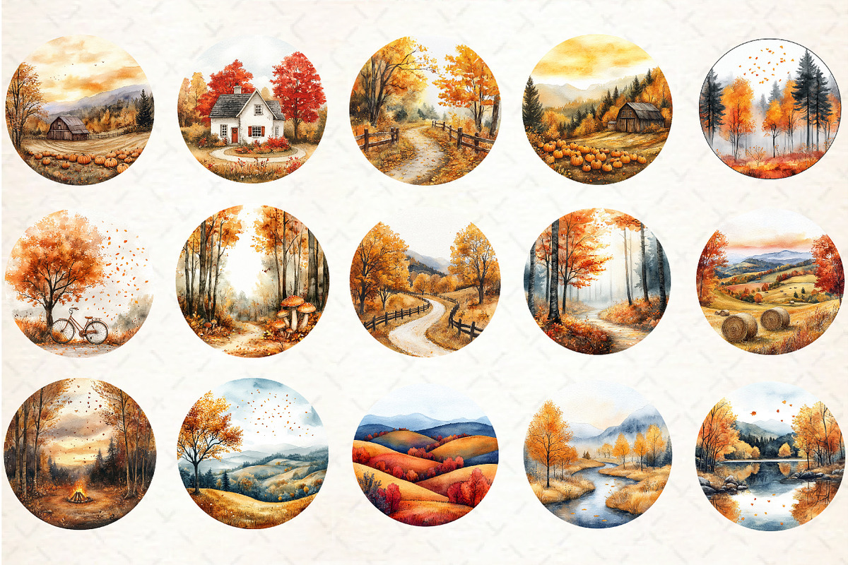 Watercolor Autumn Landscapes Clipart, an Illustration by Libby Wishes (Photo 2 of 7)