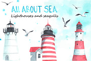 Lighthouses and seagulls. Watercolor, an Illustration by Olga Bonitas (Thumbnail 1 of 4)