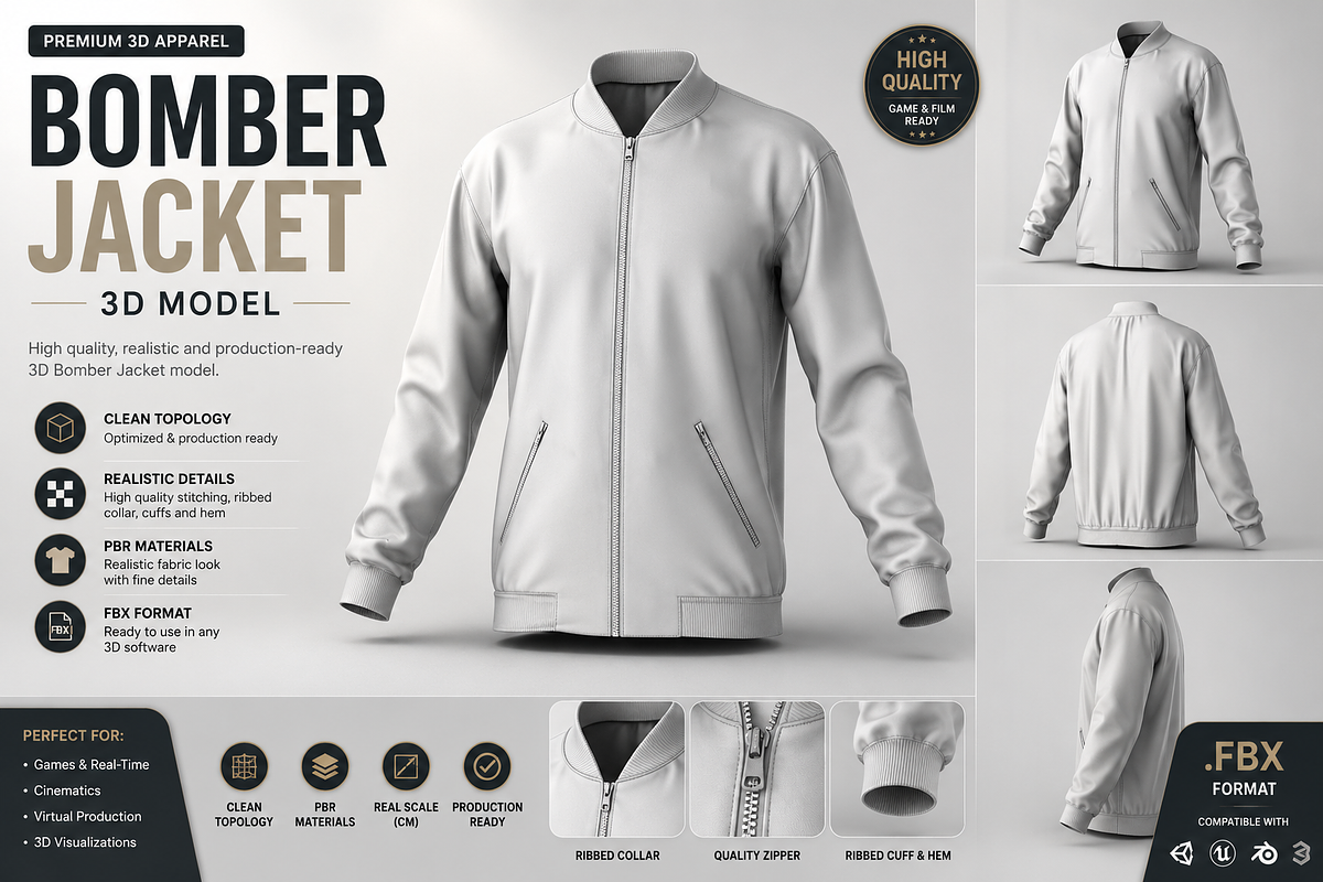 Premium Bomber Jacket 3D Model FBX, an Object 3D Model by Mockup Power (Photo 1 of 4)