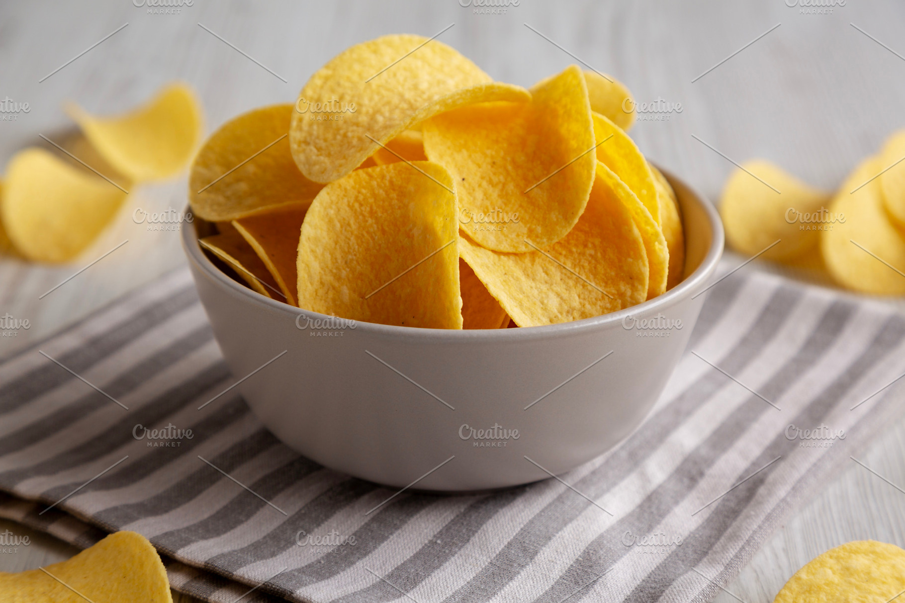 Potato Chips in a Bowl, side view. Close-up., a Food & Drink Photo by LiudmylaChuhunova