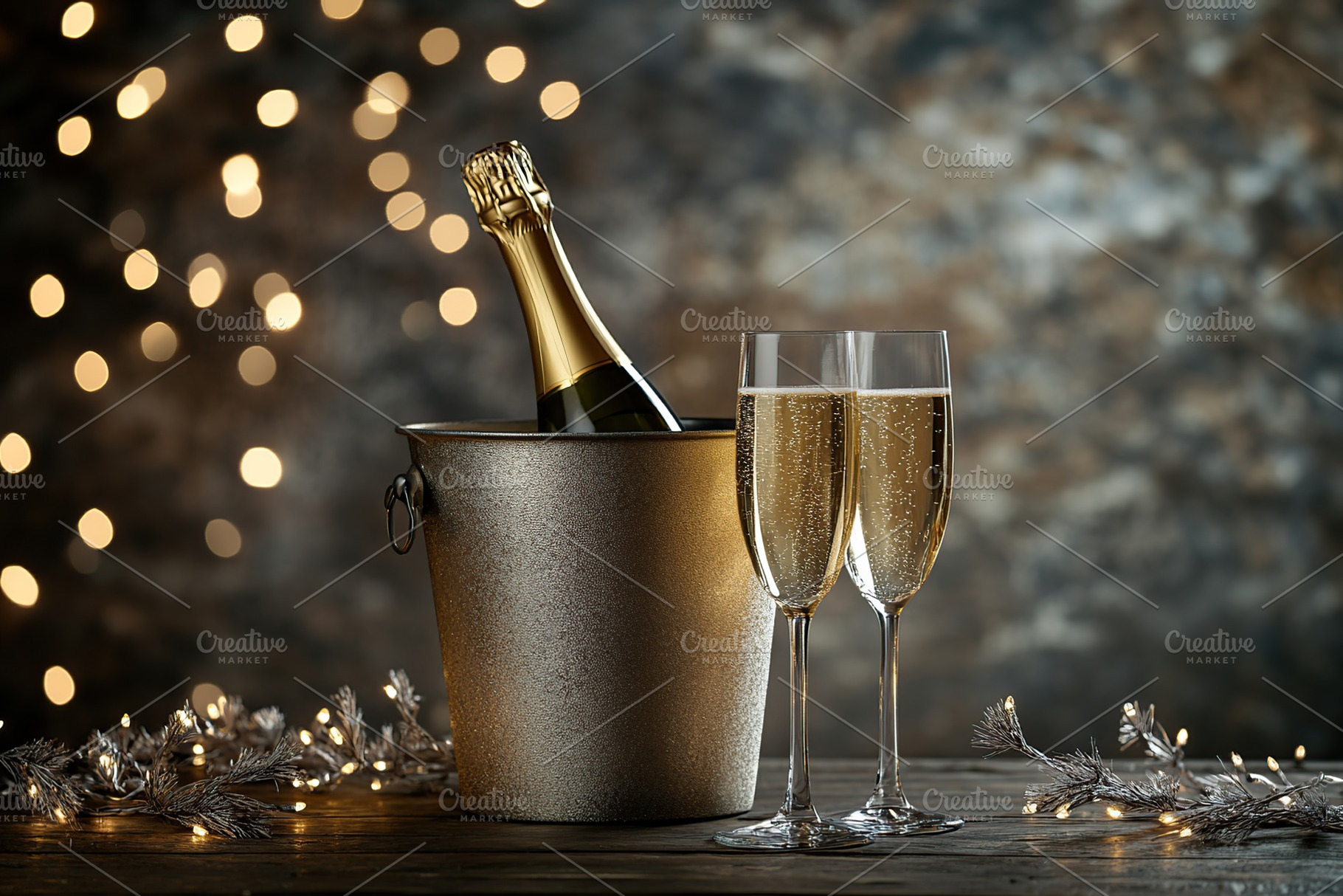 Champagne glasses and bucket with champagne bottle on blurred lights background, a Food & Drink Photo by AlyaAnd
