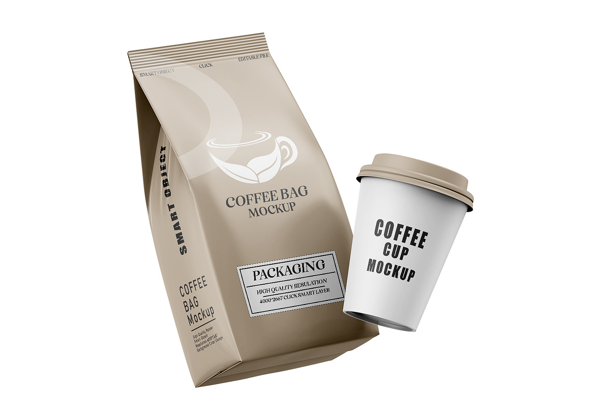 Coffee Bag with Cup Mockup Set, a Packaging Mockup by pixelmock (Photo 11 of 15)