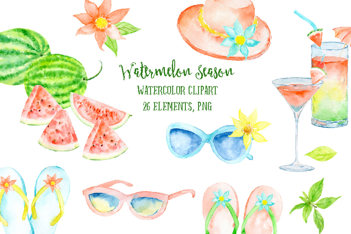 Watercolor Clipart Watermelon Season, a Decorative Illustration by Corner Croft (Photo 1 of 3)