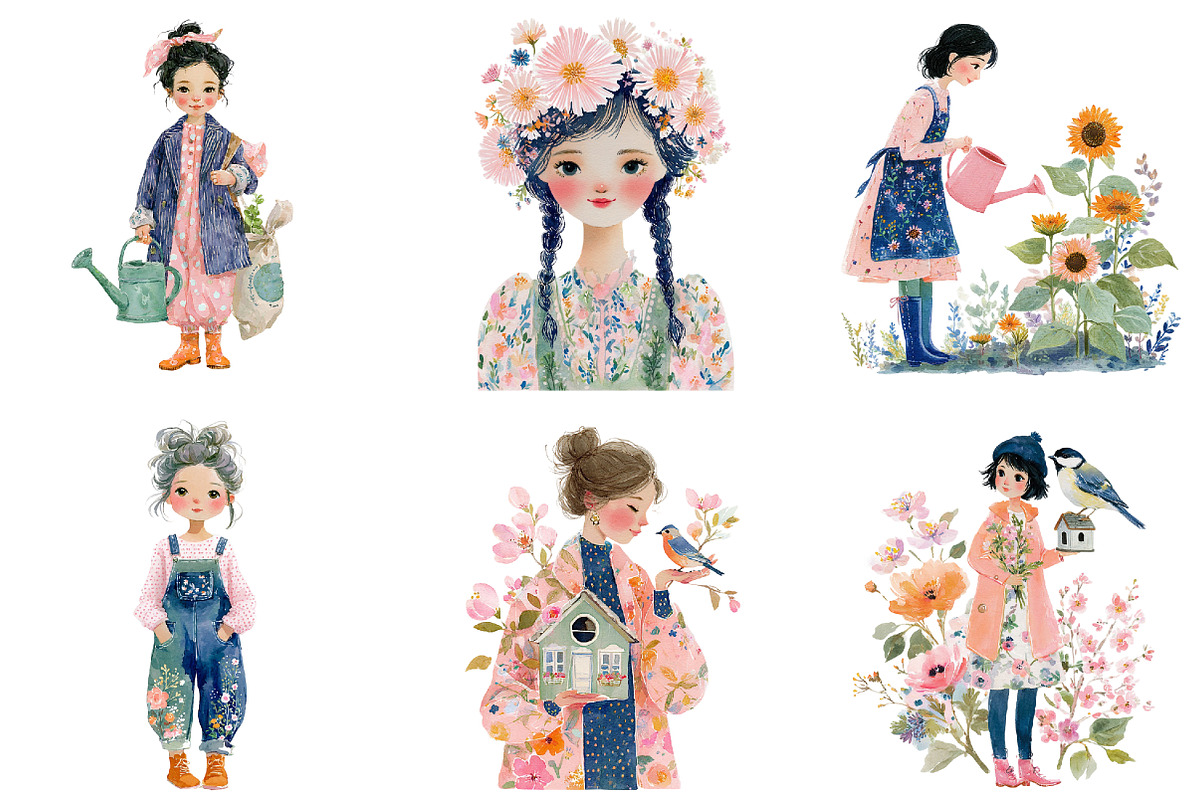 Whimsical Girl Flower Spring Clipart, an Illustration by DreamArtGraphic (Photo 4 of 4)