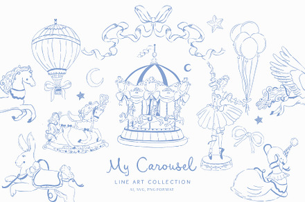 My carousel vintage Blue Line art, a Decorative Illustration by Grace Noboa Illustrations