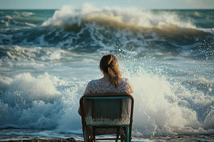 A woman sits on a chair at the beach, a Photo by Pavel_design