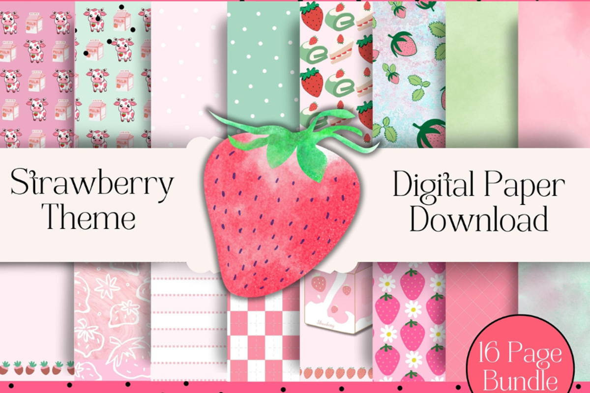 Strawberry Theme Digital Paper JPG, a Pattern Graphic by Pixels N Bows (Photo 1 of 3)