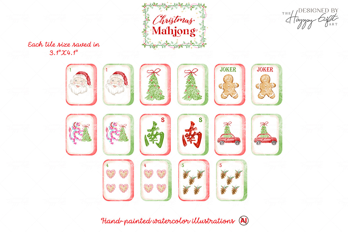 Christmas Mahjong watercolor clipart, a Seasonal Illustration by TheHappyGiftArt (Photo 2 of 8)
