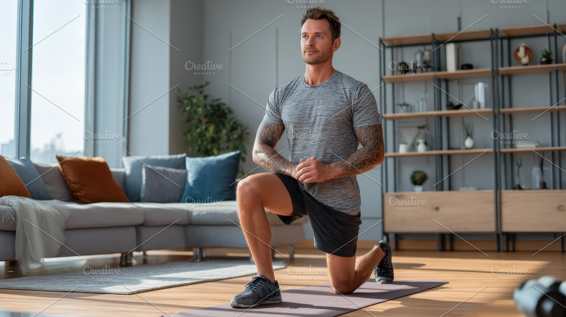 Man doing stretching exercises at ho, a Photo by Pixeness Studio