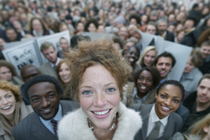Vibrant crowd with diverse individuals smiling in a lively community gathering, a Person Photo by AS photostudio