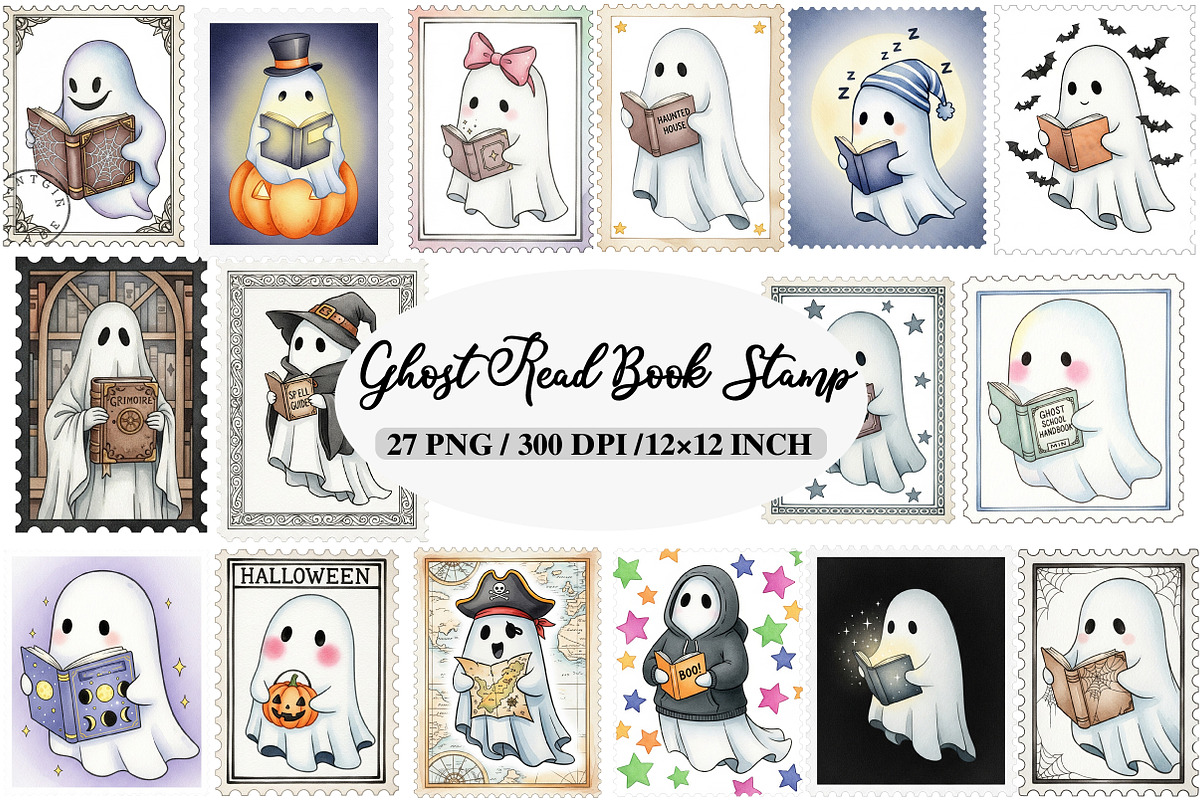 Halloween Ghost Read Book Stamp Clip, an Illustration by Daily.Designs (Photo 1 of 4)