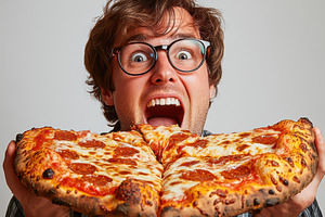 Excited funny man with pizza slice i, a Food & Drink Photo by Pixeness Studio
