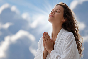 Serene woman in a white robe, gently, a Holiday Photo by MistyDay