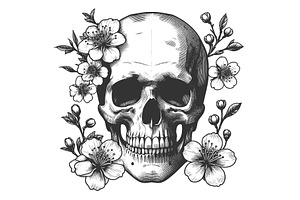 Floral Skull Engraving Sketch Vector