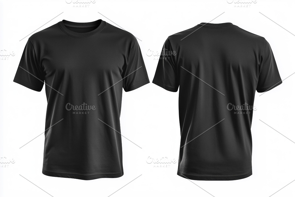 A plain black t-shirt mockup from the front and back views, showcasing a simple, a Shirt Mockup by Textures & Backgrounds
