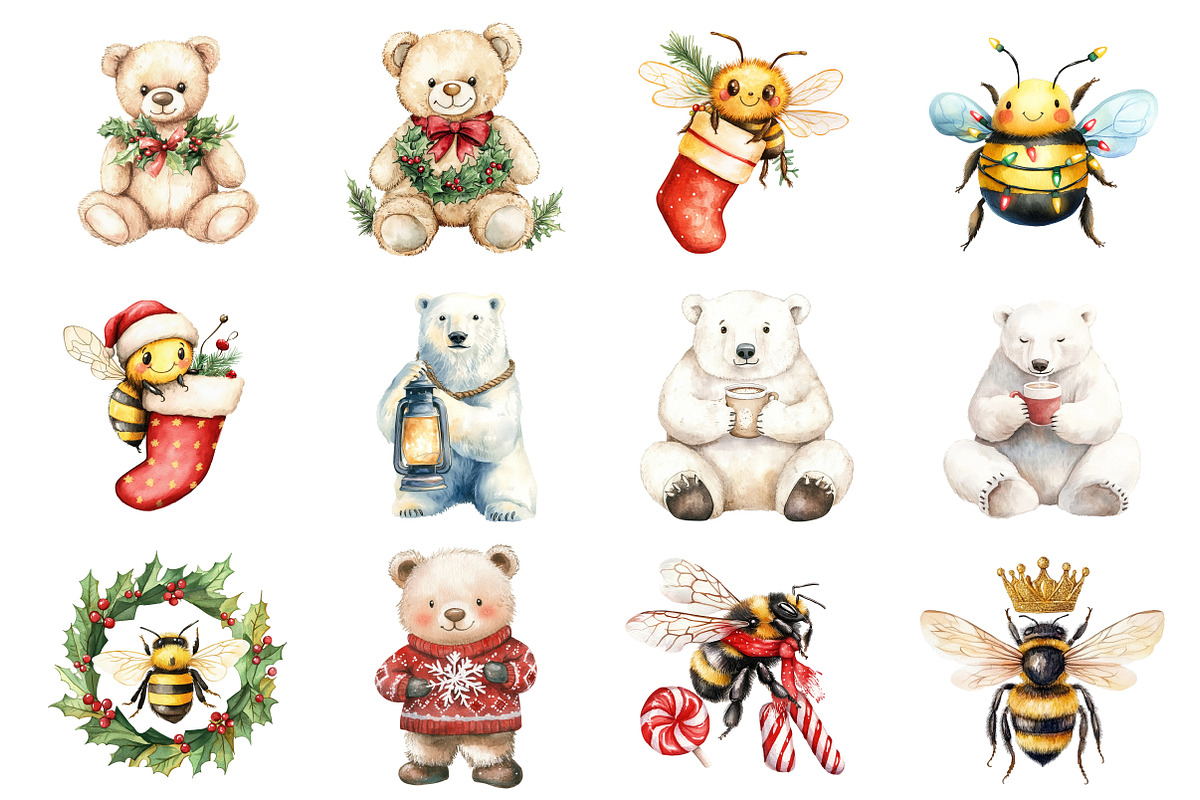 Christmas Bee and Bear Clipart, an Illustration by Design Market (Photo 2 of 3)