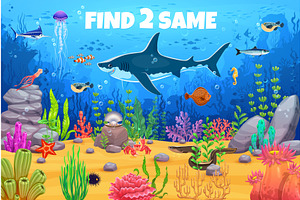 Kids game find two same fish, an Animal Illustration by Vector Tradition