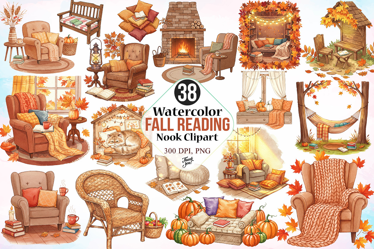 Watercolor Fall Reading Nook Clipart, an Illustration by Canvas Craft (Photo 1 of 4)