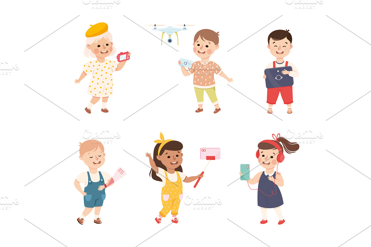 Cute Boy and Girl Using Gadget and, a Person Illustration by TopVectors