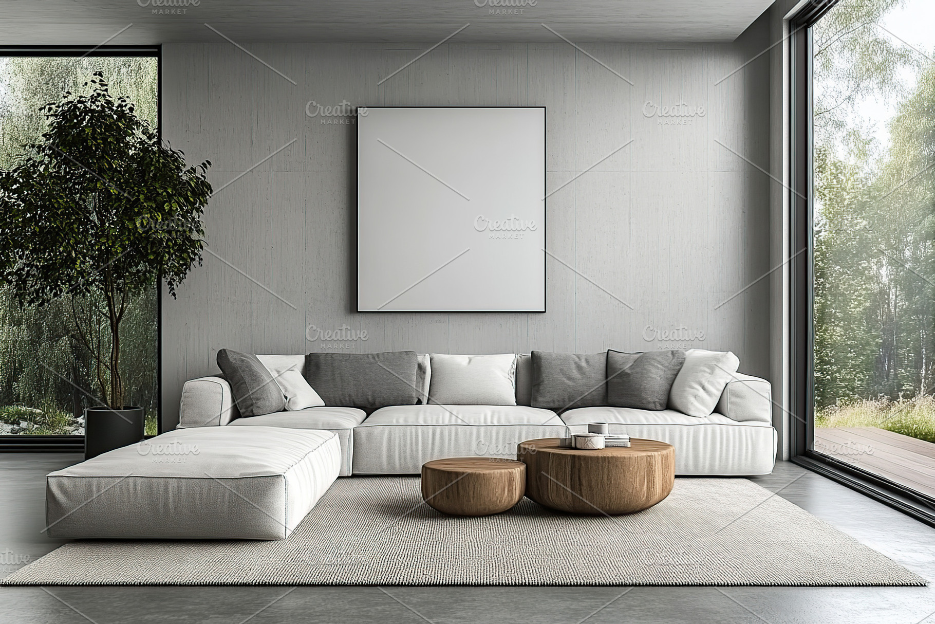Modern living room with cozy furniture in a serene environment, a Photo by AlyaAnd