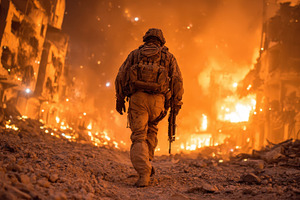 Soldier Walking Through Warzone Fire, a Photo by Pixeness Studio