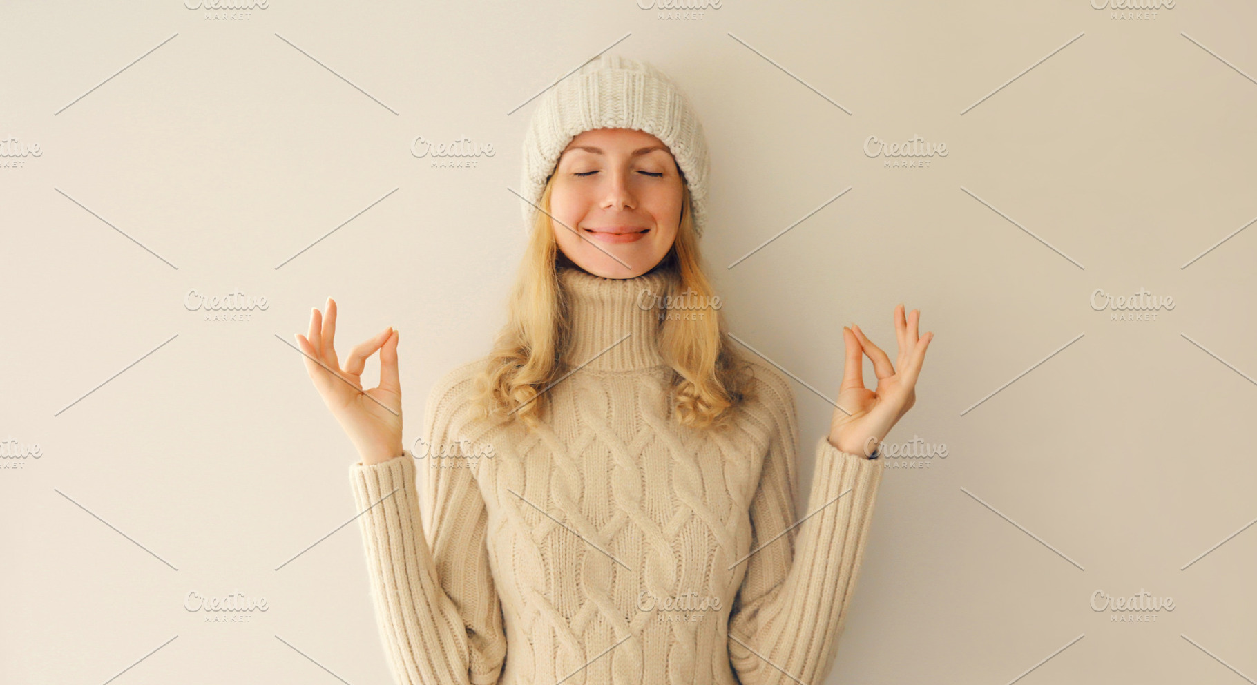 Relaxed happy young woman meditates, a Person Photo by Rohappy