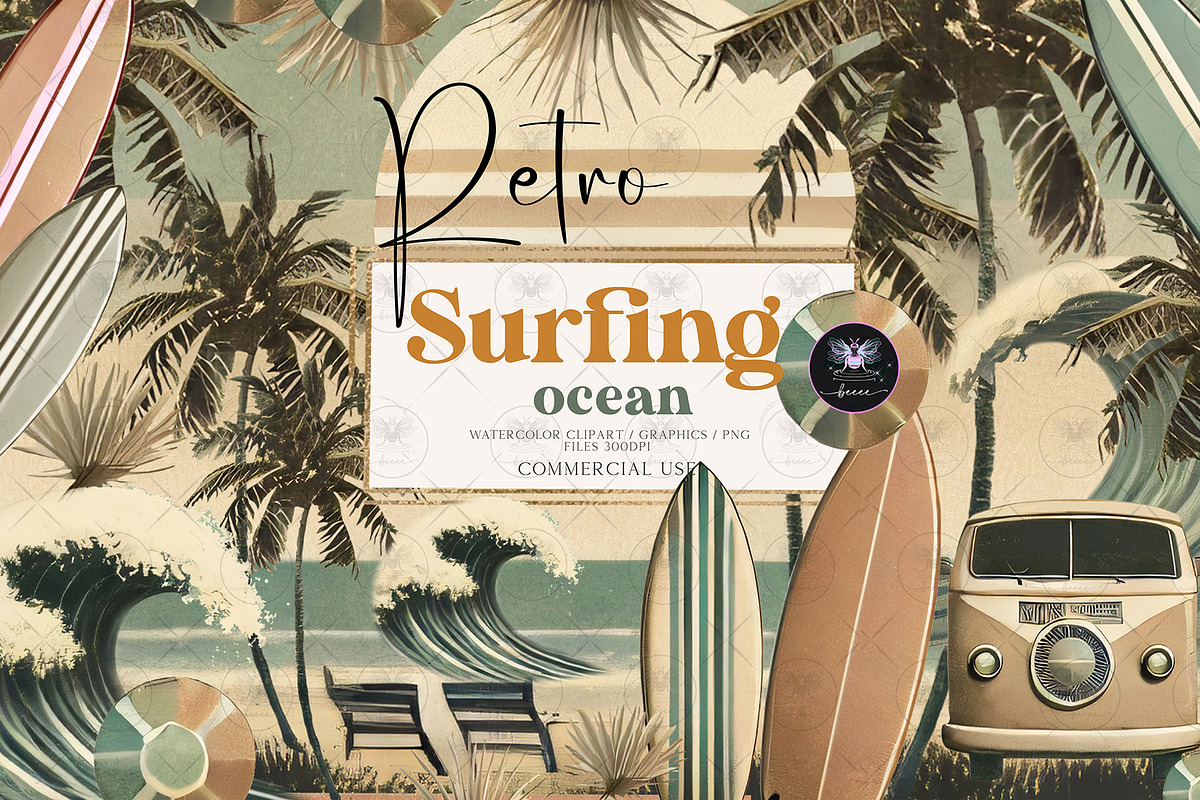 Retro Surfing Clipart Board Ocean, an Illustration by BigCakeBee (Photo 1 of 4)
